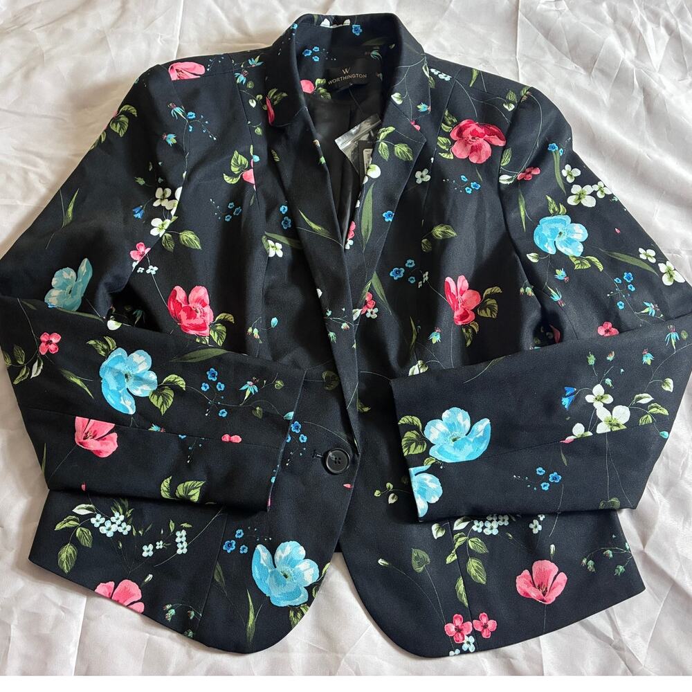 Worthington Blazer Women's L Black Multi Floral Print NWT